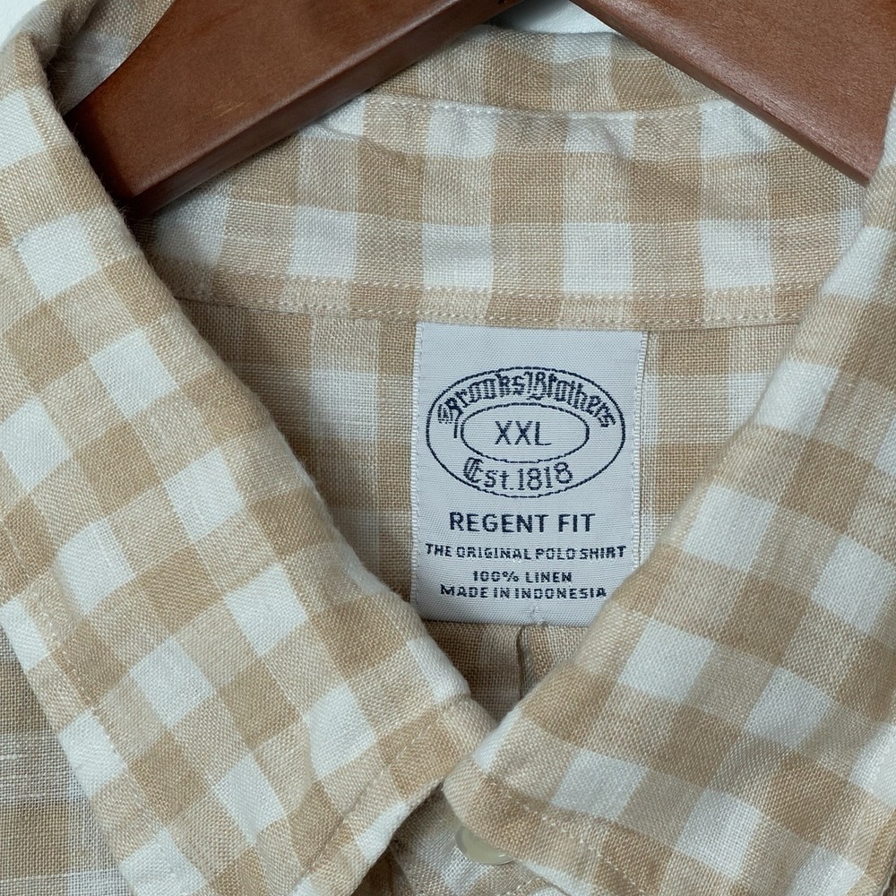 Brooks Brothers Mens XXL Tan White Gingham Linen Shirt Regent Fit Button Down - Picture 4 of 9